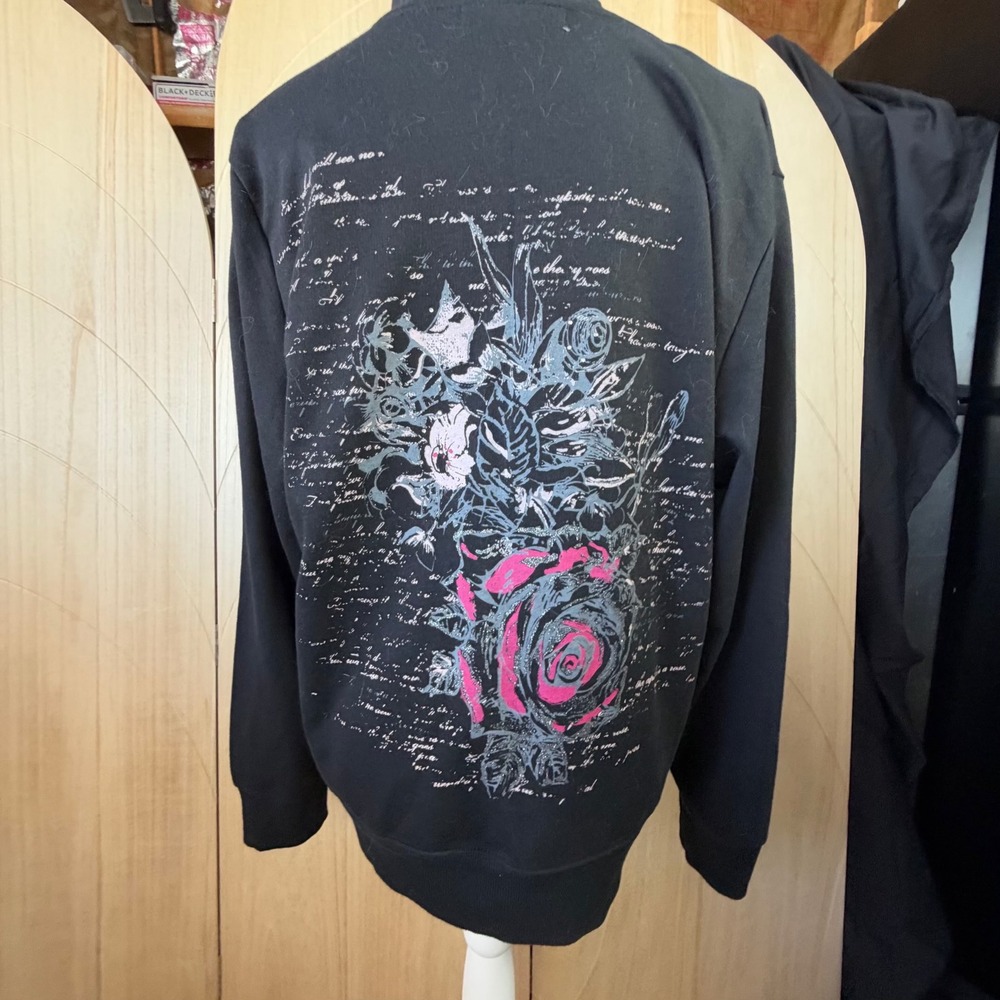 French Laundry Zip Up Hoodie Womens XL Black Rose Graphic Script Studded Pockets